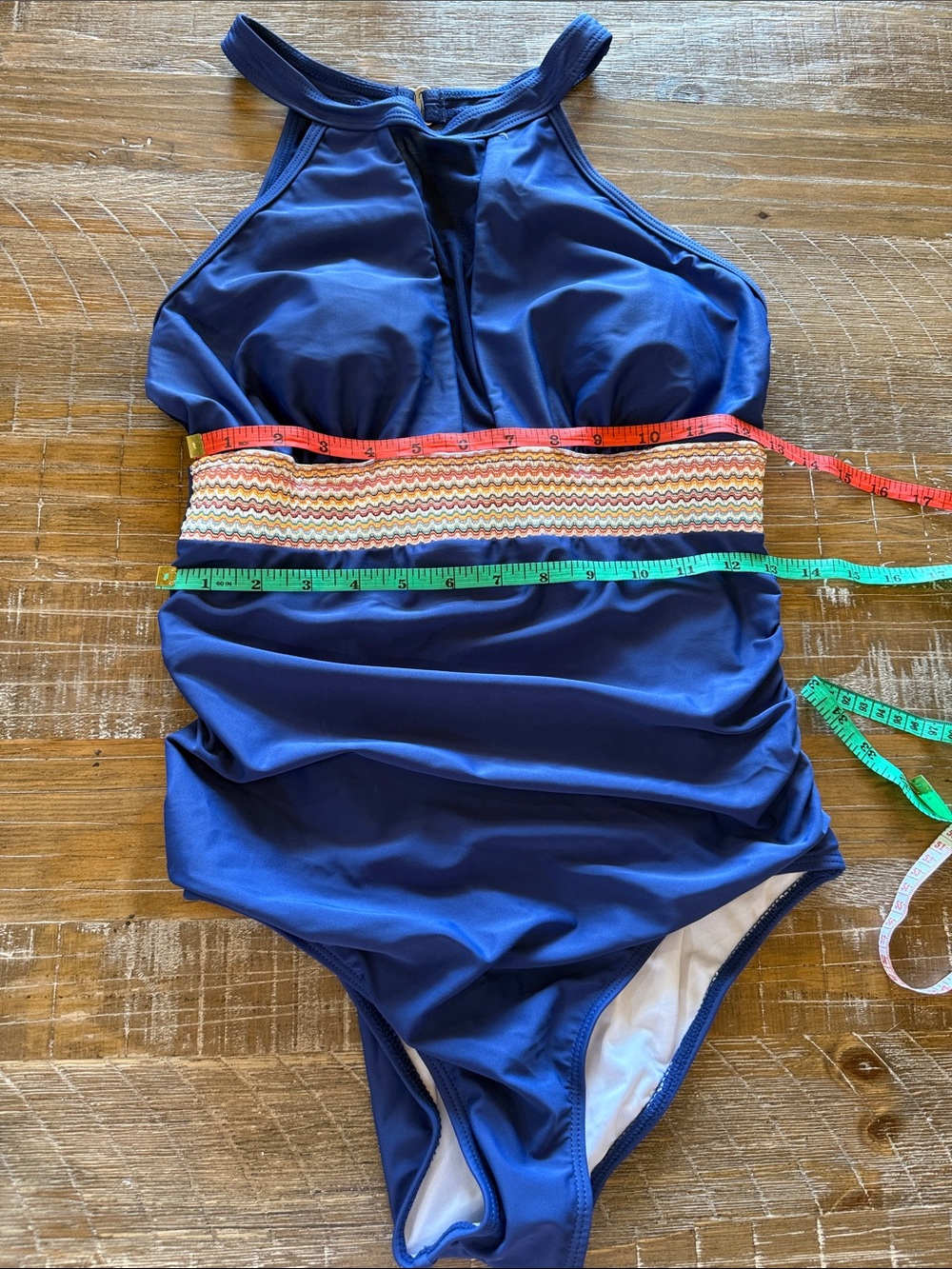 NWT Navy Blue One-Piece Swimsuit with Multicolor Waistband
